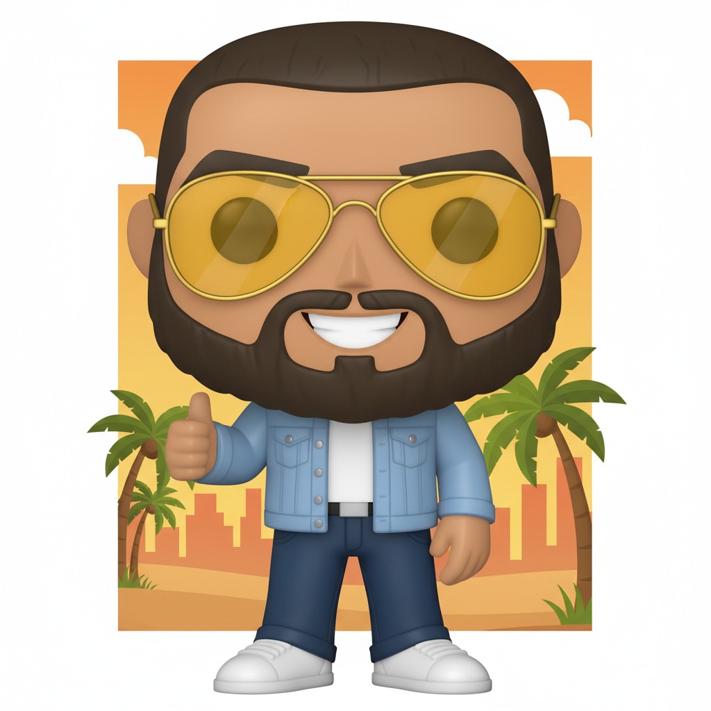 hombre estilo arabe latino amigable con estilo casual con barba trigueno, cabello en estilo militar cejas pobladas y largas hacia abajo llegando hasta la altura de los ojos usando gafas amarilas tipo piloto en estilo funko pop